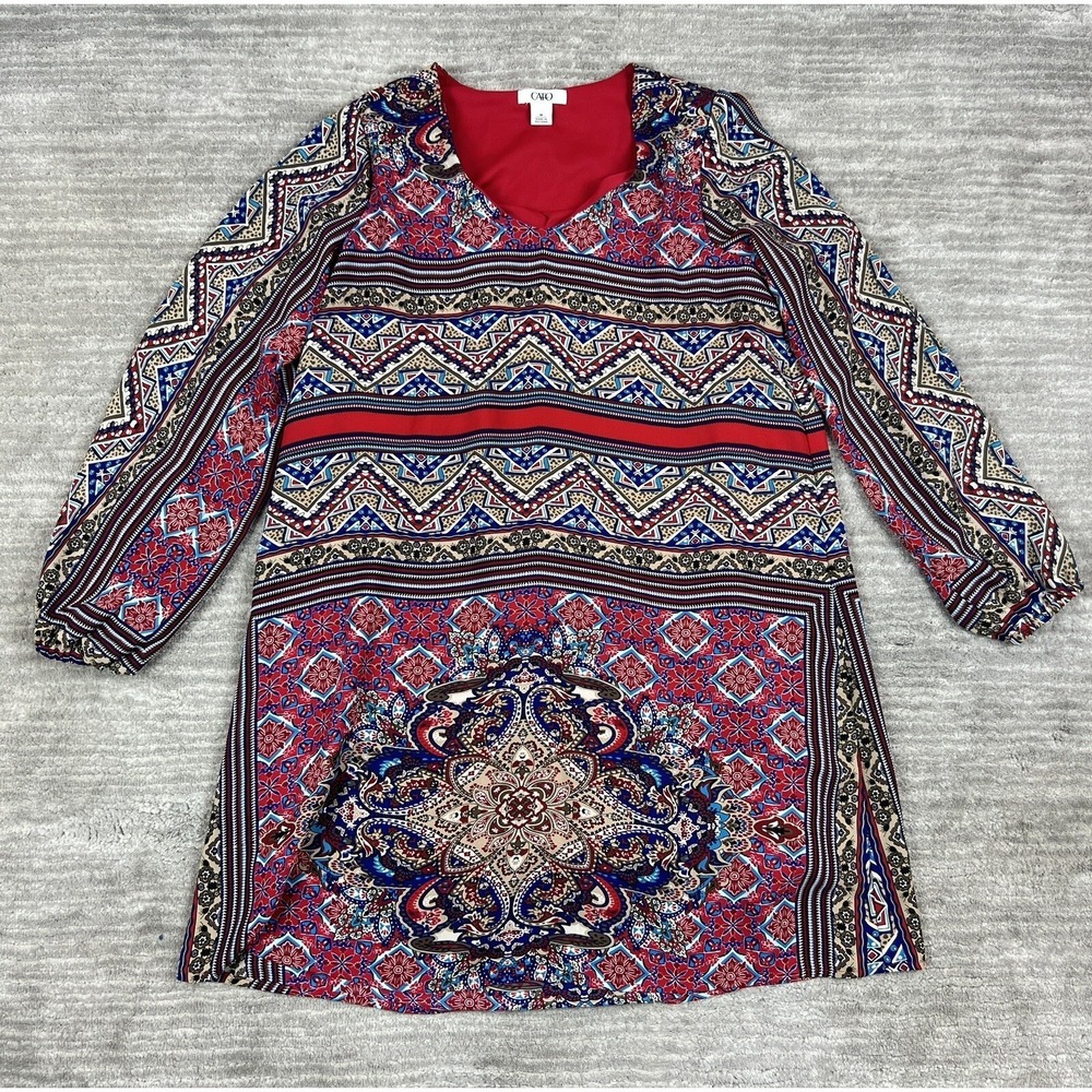 Cato Tunic Top Womens Medium Red Blue Geometric Medallion VNeck Long Sleeve Boho